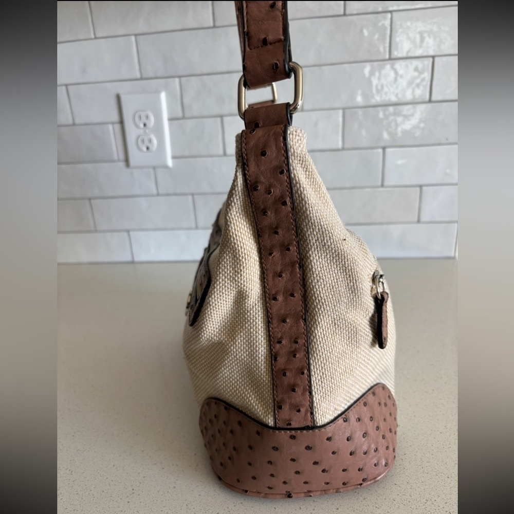 Giani Bernini Embossed Vegan Ostrich Leather Canvas Hobo Shoulder Bag Purse Tan - Picture 2 of 8